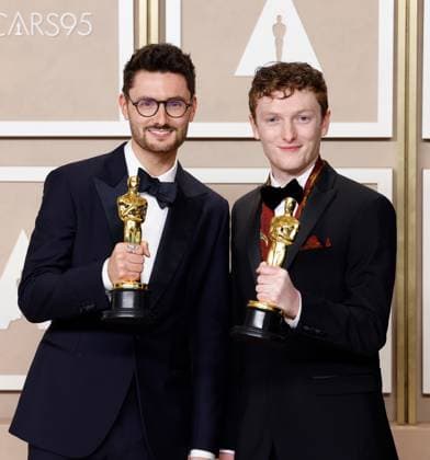 (L-R) Tom Berkeley and Ross White, winners of the award for Best Short Film (Live Action) for An Irish Goodbye, appear backstage with their Oscar during the 95th annual Academy Awards at Loews Hollywood Hotel in the Hollywood section of Los Angeles on Sunday, March 12, 2023.  LAP20230312196 JOHNxANGELILLO