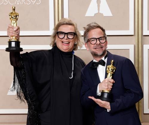 (L-R) Ernestine Hipper and Christian M. Goldbeck, winners of the award for Best Production Design for All Quiet On The Western Front, appear backstage with their Oscars during the 95th annual Academy Awards at Loews Hollywood Hotel in the Hollywood section of Los Angeles on Sunday, March 12, 2023.  LAP20230312223 JOHNxANGELILLO