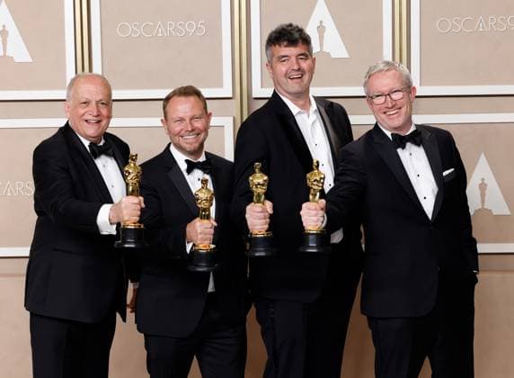 (L-R) Joe Letteri, Richard Baneham, Eric Saindon and Daniel Barrett, winners of the award for Best Visual Effects for Avatar: The Way of Water, appear backstage with their Oscars during the 95th annual Academy Awards at Loews Hollywood Hotel in the Hollywood section of Los Angeles on Sunday, March 12, 2023.  LAP20230312224 JOHNxANGELILLO