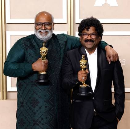 (L-R) M. M. Keeravani and Chandrabose, winners of the award for Best Original Song for RRR, appear backstage with their Oscars during the 95th annual Academy Awards at Loews Hollywood Hotel in the Hollywood section of Los Angeles on Sunday, March 12, 2023.  LAP20230312242 JOHNxANGELILLO