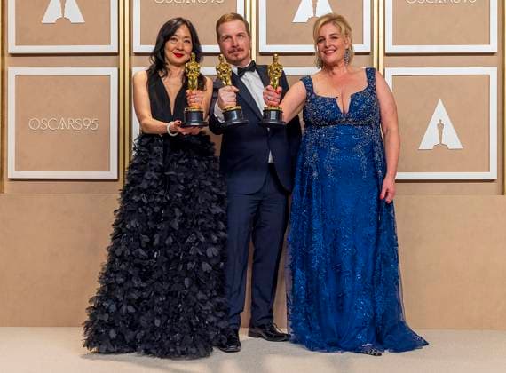 (L-R) Judy Chin, Adrien Morot and Annemarie Bradley pose with their Oscars for Best Makeup and Hairstyling for the film The Whale , in the press room of the 95th edition of the Academy Awards ceremony, at the Dolby Theater in Hollywood, USA, 12 March 2023. 95th edition of the Academy Awards in Hollywood !ACHTUNG: NUR REDAKTIONELLE NUTZUNG!  Copyright: xArmandoxArorizox AME1937 20230313-480cee0aec0aebb820e794a2f402e4e1f304a4dd