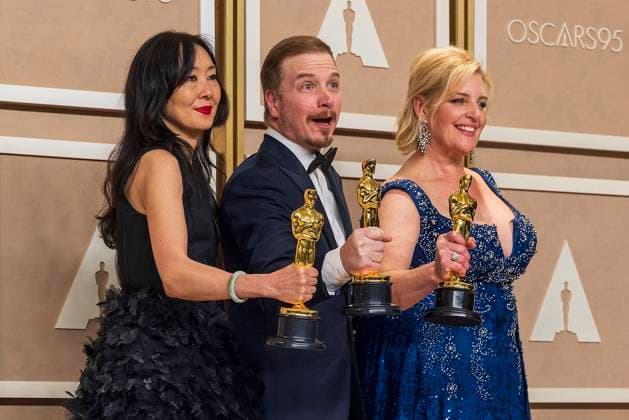 (L-R) Judy Chin, Adrien Morot and Annemarie Bradley pose with their Oscars for Best Makeup and Hairstyling for the film The Whale , in the press room of the 95th edition of the Academy Awards ceremony, at the Dolby Theater in Hollywood, USA, 12 March 2023. 95th edition of the Academy Awards in Hollywood !ACHTUNG: NUR REDAKTIONELLE NUTZUNG!  Copyright: xArmandoxArorizox AME1938 20230313-5738d074e0f0ab3f4b20b7621565790ce650ec90