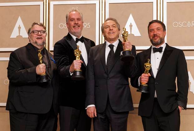 From left, Guillermo Del Toro, Mark Gustafson, Gary Ungar and Alex Bulkley pose with their Oscars for best animated feature film for Pinocchio , in the press room of the 95th edition of the Academy Awards ceremony, at the Dolby Theater in Hollywood, USA, 12 March 2023. 95th edition of the Academy Awards in Hollywood !ACHTUNG: NUR REDAKTIONELLE NUTZUNG!  Copyright: xArmandoxArorizox AME1896 20230313-50c6e24172c80f8a68371ec0d0efbc5ce0cc9ae8