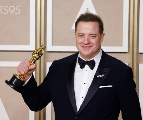 Brendan Fraser, winner of the award for Best Actor in a Leading Role for The Whale, appears backstage with his Oscar during the 95th annual Academy Awards at Loews Hollywood Hotel in the Hollywood section of Los Angeles on Sunday, March 12, 2023.  LAP20230312261 JOHNxANGELILLO
