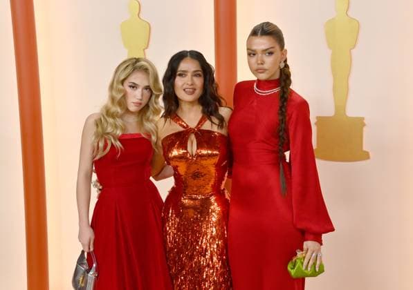 (L-R) Tess Bu Cuarón, Valentina Paloma Pinault and Salma Hayek attend the 95th annual Academy Awards at the Dolby Theatre in the Hollywood section of Los Angeles on Sunday, March 12, 2023.  LAP2023031211292 JIMxRUYMEN