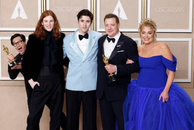 (L-R) Ke Huy Quan, winner of the award for Best Actor In A Supporting Role for Everything Everywhere All at Once, Leland Fraser, Holden Fraser, Brendan Fraser, winner of the award for Best Actor in a Leading Role for The Whale, and Jeanne Moore appear backstage with their Oscars during the 95th annual Academy Awards at Loews Hollywood Hotel in the Hollywood section of Los Angeles on Sunday, March 12, 2023.  LAP20230312278 JOHNxANGELILLO