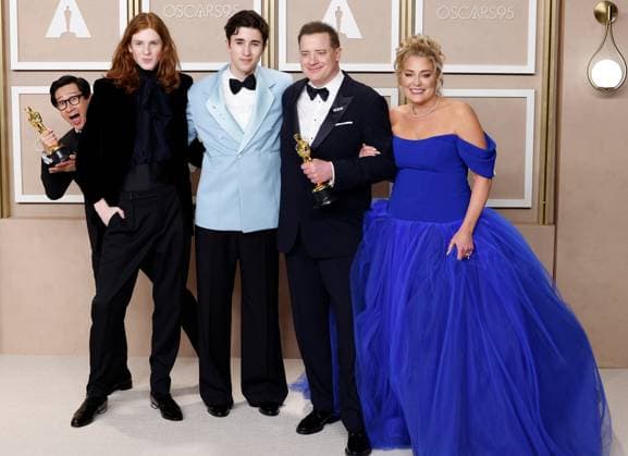 (L-R) Ke Huy Quan, winner of the award for Best Actor In A Supporting Role for Everything Everywhere All at Once, Leland Fraser, Holden Fraser, Brendan Fraser, winner of the award for Best Actor in a Leading Role for The Whale, and Jeanne Moore appear backstage with their Oscars during the 95th annual Academy Awards at Loews Hollywood Hotel in the Hollywood section of Los Angeles on Sunday, March 12, 2023.  LAP20230312279 JOHNxANGELILLO