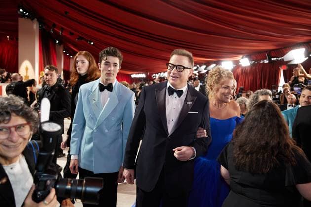 OscarÂ® nominee Brendan Fraser (2nd from R) arrives with Leland Fraser (Far L), Holden Fraser, and Jeanne Moore on the red carpet of the 95th OscarsÂ® at the DolbyÂ® Theatre at Ovation Hollywood on Sunday, March 12, 2023.  Copyright: xA.M.P.A.S.x 34494-386PLX