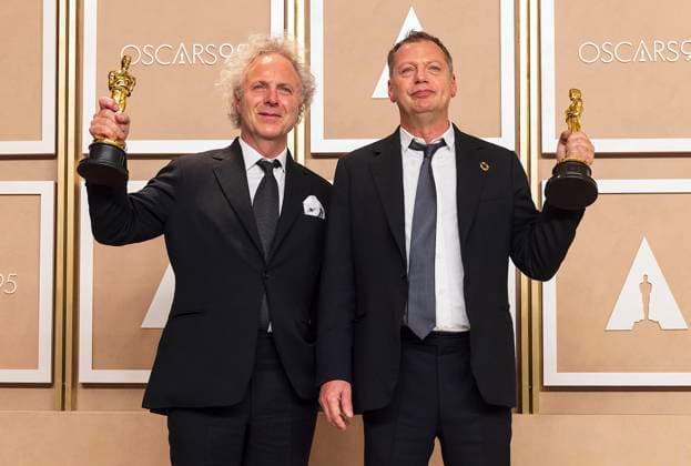Charlie Mackesy and Matthew Freud pose with their Oscars for Best Animated Short for The Boy, the Mole, the Fox, and the Horse , in the press room of the ceremony of the Academy Awards, today, at the Dolby Theater in Hollywood, USA, 12 March 2023. Charlie Mackesy and Matthew Freud win Best Animated Short Oscar !ACHTUNG: NUR REDAKTIONELLE NUTZUNG!  Copyright: xArmandoxArorizox AME1949 20230313-7484f90c61a546e9b24a2e88df1f50712a21fa4a