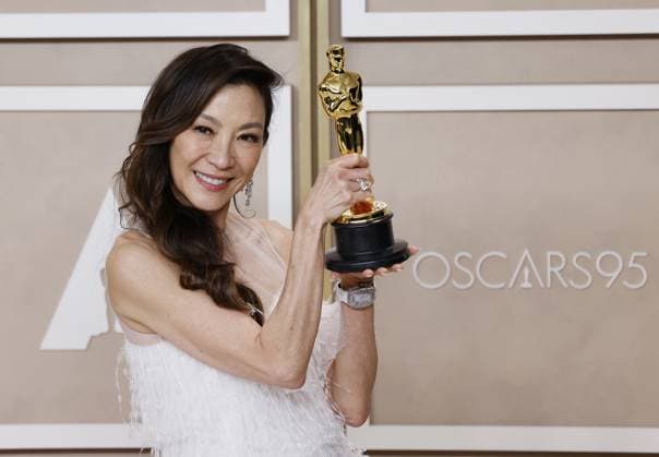 Michelle Yeoh, winner of the award for Best Actress in a Leading Role for Everything Everywhere All at Once, appears backstage with her Oscar during the 95th annual Academy Awards at Loews Hollywood Hotel in the Hollywood section of Los Angeles on Sunday, March 12, 2023.  LAP202303125004 JohnxAngelillo