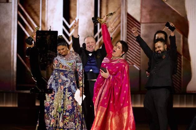 Kartiki Gonsalves and Guneet Monga accept the OscarÂ® for Documentary Short Film during the live ABC telecast of the 95th OscarsÂ® at the DolbyÂ® Theatre at Ovation Hollywood on Sunday, March 12, 2023.  Copyright: xA.M.P.A.S.x 34494-464PLX