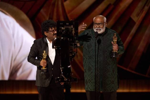 M.M. Keeravaani and Chandrabose accept the OscarÂ® for Original Song during the live ABC telecast of the 95th OscarsÂ® at the DolbyÂ® Theatre at Ovation Hollywood on Sunday, March 12, 2023.  Copyright: xA.M.P.A.S.x 34494-497PLX