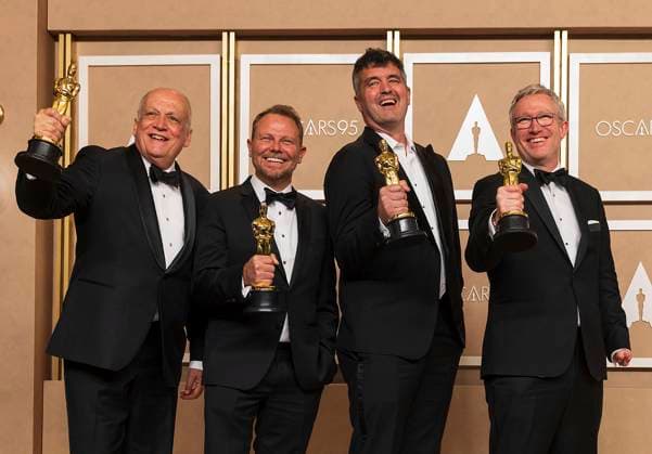 (L-R) Joe Letteri, Richard Baneham, Eric Saidon and Daniel Barrett pose with their Oscars for Best Visual Effects for the film Avatar: The Way of the Water in the press room of the 95th edition of the Academy Awards ceremony, at the Dolby Theater in Hollywood, USA, 12 March 2023. 95th edition of the Academy Awards in Hollywood !ACHTUNG: NUR REDAKTIONELLE NUTZUNG!  Copyright: xArmandoxArorizox AME1980 20230313-5c9aaf78ad9c7ddd827327d949f1b11da058b89c