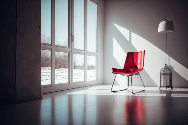 AI GENERATED IMAGE Red Chair in Minimalist Apartment Besides a Window with Snowy landscape outside. Generative AI Airtista_ID13195_402607_025 Copyright: xAirtistax Model Released