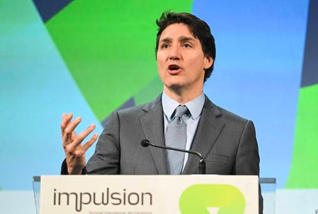 March 13, 2023, Montreal, PQ, Canada: Prime Minister Justin Trudeau speaks at Impulsion, the International Summit on Electric and Smart Transportation in Montreal, Monday, March 13, 2023. Montreal Canada  - ZUMAc35_ 20230313_zaf_c35_002 Copyright: xGrahamxHughesx