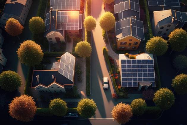 AI GENERATED IMAGE From above generative AI illustration aerial of modern neighborhood with solar panels on roofs and green trees growing near residential buildings during sunny day OierAso_ID13013_396103_001 Copyright: xOierxAsox Model Released