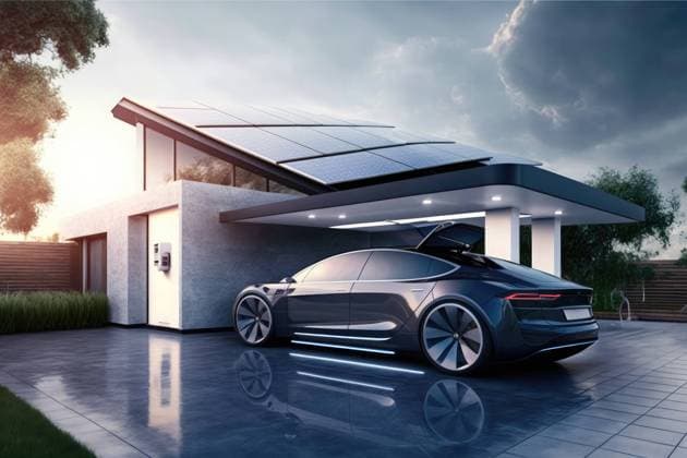 AI GENERATED IMAGE Generative AI illustration of contemporary luxury gray sports automobile parked near futuristic house with solar panels on roof during gloomy day OierAso_ID13013_396118_008 Copyright: xOierxAsox Model Released