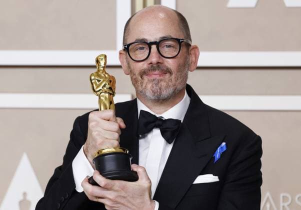 Edward Berger, winner of the award for Best International Feature Film for All Quiet on the Western Front, appears backstage with his Oscar during the 95th annual Academy Awards at Loews Hollywood Hotel in the Hollywood section of Los Angeles on Sunday, March 12, 2023.  LAP202303128126 JohnxAngelillo