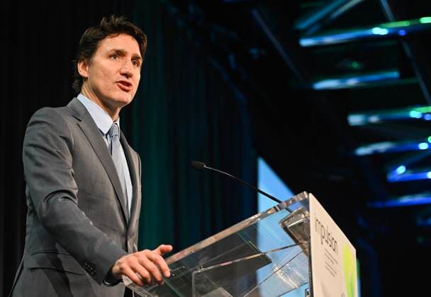March 13, 2023, Montreal, PQ, Canada: Prime Minister Justin Trudeau speaks at Impulsion, the International Summit on Electric and Smart Transportation, in Montreal, Monday, March 13, 2023. Montreal Canada  - ZUMAc35_ 20230313_zaf_c35_005 Copyright: xGrahamxHughesx