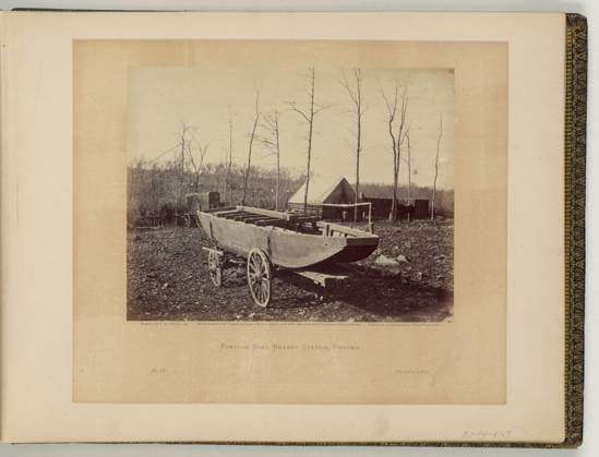 RECORD DATE NOT STATED Pontoon boat, Brandy Station, Virginia negative by T.H. O Sullivan, positive by A. Gardner.. Illus. in: Gardner s photographic sketch book of the war Alexander Gardner. Washington, D.C. : Philp & Solomons, c1866 , v. 2, no. 58, Copyright by A. Gardner, Title from item. United States, Army of the Potomac, 1860-1870, Boats, Virginia, Brandy Station, 1860-1870, Carts & wagons, Virginia, Brandy Station, 1860-1870, United States, History, Civil War, 1861-1865, Equipment & supplies, Union, Virginia. Copyright: xpiemagsx civwarpietiff12032023-8722 !ACHTUNG AUFNAHMEDATUM GESCHÄTZT!