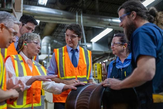 March 14, 2023, Bridgewater, NS, CANADA: Prime Minister Justin Trudeau inspects a tire on the production line at the Michelin plant in Bridgewater, N.S., Tuesday, March 14, 2023. Bridgewater CANADA  - ZUMAc35_ 20230314_zaf_c35_030 Copyright: xRileyxSmithx