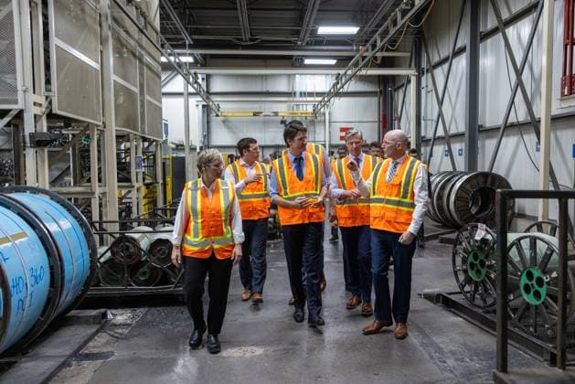 March 14, 2023, Bridgewater, NS, CANADA: Prime Minister Justin Trudeau walks the production line in the Michelin tire plant in Bridgewater, N.S., Tuesday, March 14, 2023. Bridgewater CANADA  - ZUMAc35_ 20230314_zaf_c35_035 Copyright: xRileyxSmithx