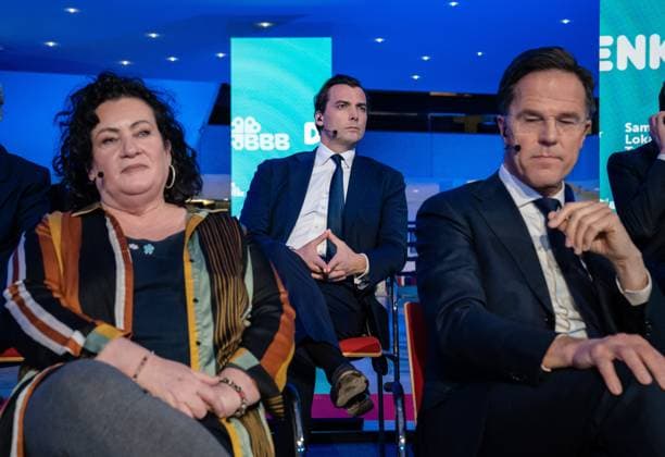 DEN BOSCH - Caroline van der Plas (BBB), Thierry Baudet (FvD) and Mark Rutte (VVD) prior to the television debate of the NOS in the run-up to the provincial elections. The party leaders of the twelve largest national parties have been invited to the debate in the Provincial House of North Brabant. ANP BART MAAT netherlands out - belgium out  Copyright: xx x464999667x originalFilename: 464999667.jpg