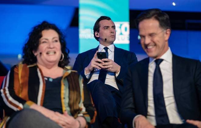 DEN BOSCH - Caroline van der Plas (BBB), Thierry Baudet (FvD) and Mark Rutte (VVD) prior to the television debate of the NOS in the run-up to the provincial elections. The party leaders of the twelve largest national parties have been invited to the debate in the Provincial House of North Brabant. ANP BART MAAT netherlands out - belgium out  Copyright: xx x465002309x originalFilename: 465002309.jpg