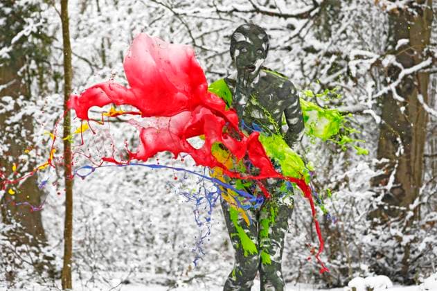 Bodyart forest splash performance with model Julia on a forest clearing Holtensen, 14 03 2023 BodyArt artist Jörg Düsterwald Foto:xT.xSkupinx xFuturexImage