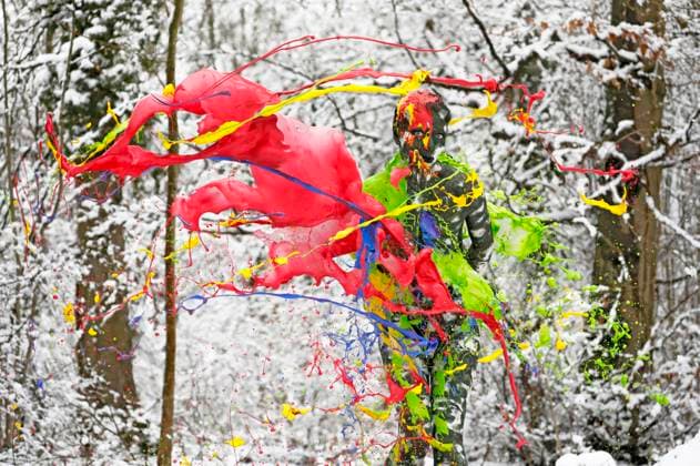 Bodyart forest splash performance with model Julia on a forest clearing Holtensen, 14 03 2023 BodyArt artist Jörg Düsterwald Foto:xT.xSkupinx xFuturexImage