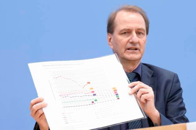 News Themen der Woche KW11 Bundespressekonferenz Prognose zur Treibhausgasbilanz 2022 Aktuell,15.03.2023, Berlin, Prof. Dr. Dirk Messner zeigt eine Grafik bei der Vorstellung der Prognose zur Treibhausgasbilanz 2023 Berlin Berlin Deutschland *** Bundespressekonferenz Prognose zur Treibhausgasbilanz 2022 Aktuell,15 03 2023, Berlin, Prof Dr Dirk Messner shows a graph at the presentation of the forecast for the greenhouse gas balance 2023 Berlin Berlin Germany
