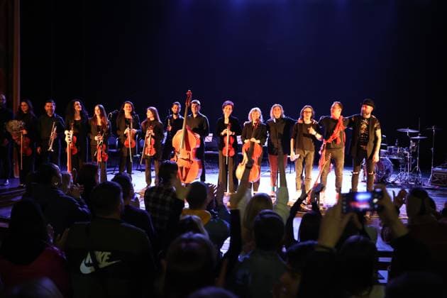 IVANO-FRANKIVSK, UKRAINE - MARCH 14, 2023 - A joint charity concert of the Fontaliza rock band (R) and the Quattro Corde string ensemble in support of the Armed Forces of Ukraine takes place in Ivano-Frankivsk, western Ukraine. Concert of Fontaliza and Quattro Corde in Ivano-Frankivsk  Copyright: xYuriixRylchukx