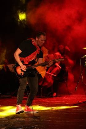 IVANO-FRANKIVSK, UKRAINE - MARCH 14, 2023 - Bass guitarist of the rock band Fontaliza Ihnat Kartashev performs at a joint charity concert with the Quattro Corde string ensemble in support of the Armed Forces of Ukraine in Ivano-Frankivsk, western Ukraine. Concert of Fontaliza and Quattro Corde in Ivano-Frankivsk  Copyright: xYuriixRylchukx
