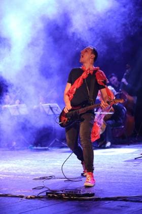 IVANO-FRANKIVSK, UKRAINE - MARCH 14, 2023 - Bass guitarist of the rock band Fontaliza Ihnat Kartashev performs at a joint charity concert with the Quattro Corde string ensemble in support of the Armed Forces of Ukraine in Ivano-Frankivsk, western Ukraine. Concert of Fontaliza and Quattro Corde in Ivano-Frankivsk  Copyright: xYuriixRylchukx
