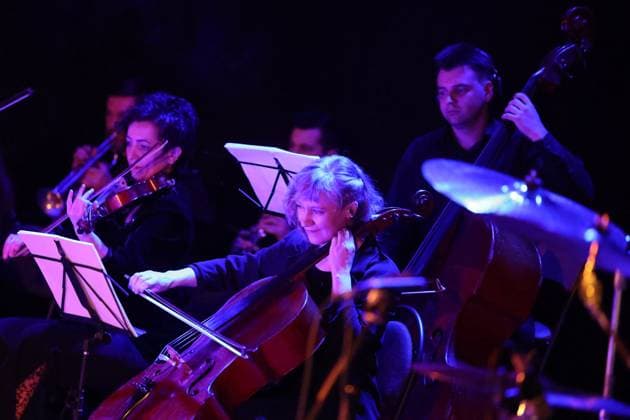 IVANO-FRANKIVSK, UKRAINE - MARCH 14, 2023 - Musicians of the Quattro Corde string ensemble are pictured during a joint charity concert with the Fontaliza rock band in support of the Armed Forces of Ukraine in Ivano-Frankivsk, western Ukraine. Concert of Fontaliza and Quattro Corde in Ivano-Frankivsk  Copyright: xYuriixRylchukx