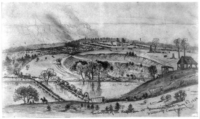 RECORD DATE NOT STATED The crossing of the Rapidan at Germanna Ford, May 5, 1864--Wilderness campaign. Morgan collection of Civil War drawings. Wilderness, Battle of the, Va, 1864, Troop movements, 1860-1870, Military personnel, 1860-1870, United States, History, Civil War, 1861-1865, Campaigns & battles, United States, Virginia, Germanna Ford Copyright: xpiemagsx civwarpietiff12032023-1025 !ACHTUNG AUFNAHMEDATUM GESCHÄTZT!