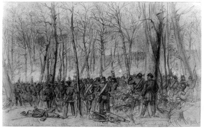 RECORD DATE NOT STATED Genl. Wadsworths division in action in the Wilderness, near the spot where the General was killed. Morgan collection of Civil War drawings, Published in: Harper s Weekly, June 4, 1864, p. 356, Exhibited: The Civil War in America at the Library of Congress, Washington, D.C, 2012-2013. Wadsworth, James S, (James Samuel), 1807-1864, Military service, Wilderness, Battle of the, Va, 1864, Soldiers, Union, 1860-1870, United States, History, Civil War, 1861-1865, Campaigns & battles, United States, Virginia, Wilderness Copyright: xpiemagsx civwarpietiff12032023-796 !ACHTUNG AUFNAHMEDATUM GESCHÄTZT!