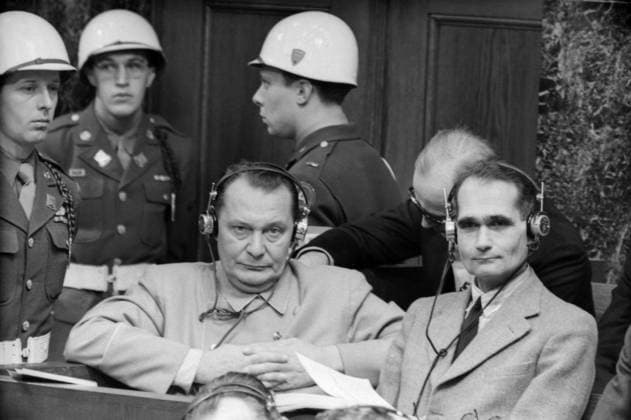 Nuremberg, Germany. Defendants Rudolf Hess and Hermann Goering (R-L) sit in the prisoner s box in Courtroom 600 of the Nuremberg Palace of Justice during the Nueremberg war crime trial session. The International Military Tribunal (IMT) for the Investigation of War Crimes was established by the Allied Forces at the end of World War II. Yevgeny Khaldei TASS  57881427