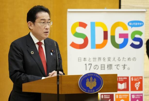 Japan PM Kishida Japanese Prime Minister Fumio Kishida speaks during a presentation ceremony for the Japan SDGs Award at his office in Tokyo on March 17, 2023.  A14AA0001407077P