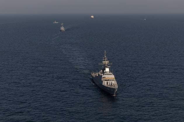 March 17, 2023, UNDEFINED, UNDEFINED, Iran: A handout photo made available by the Iranian Army shows Moudge-class frigate Sahand of the Islamic Republic of Iran Navy (front) during a joint military drill of Iranian, Russian, and Chinese warships in the Gulf of Oman, south of Iran, 17 March 2023. Iran, China, and Russia started joint naval military drills in the Gulf of Oman on 17 March 2023 for two days, according to the Iranian Army. UNDEFINED Iran - ZUMAi98_ 20230317_zih_i98_001 Copyright: xIranianxArmyxOfficex