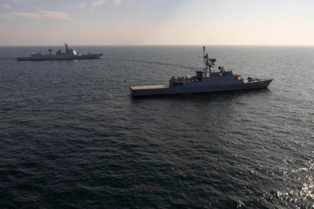 March 17, 2023, UNDEFINED, UNDEFINED, Iran: A handout photo made available by the Iranian Army shows Moudge-class frigate Sahand of the Islamic Republic of Iran Navy (front) during a joint military drill of Iranian, Russian, and Chinese warships in the Gulf of Oman, south of Iran, 17 March 2023. Iran, China, and Russia started joint naval military drills in the Gulf of Oman on 17 March 2023 for two days, according to the Iranian Army. UNDEFINED Iran - ZUMAi98_ 20230317_zih_i98_005 Copyright: xIranianxArmyxOfficex