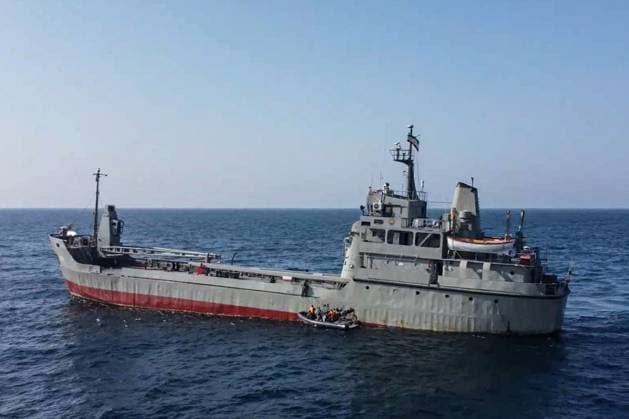MARCH 18, 2023: Seen in this video screen grab is Russia Navy frigate Admiral Gorshkov during a joint naval drill in the Gulf of Oman. Naval forces of China, Russia, Iran and some other countries are taking part in the Security Bond 2023 joint naval exercise in the Gulf of Oman from 15 to 19 March 2023. Video grab. Best possible quality. Northern Fleet Press Service TASS  57934409