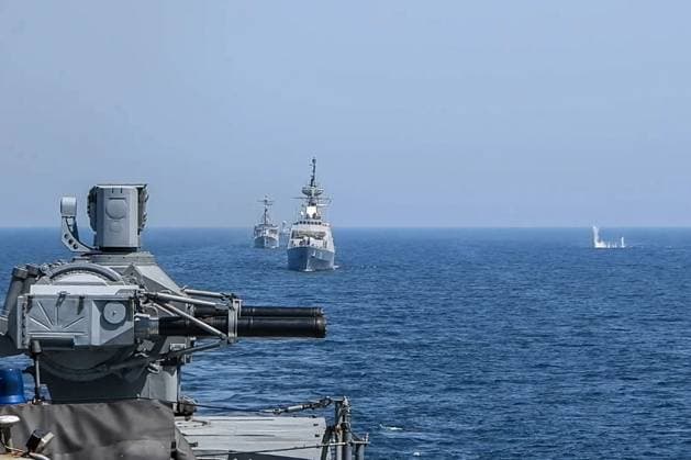 MARCH 18, 2023: Seen in this video screen grab are ships during a joint naval drill in the Gulf of Oman. Naval forces of China, Russia, Iran and some other countries are taking part in the Security Bond 2023 joint naval exercise in the Gulf of Oman from 15 to 19 March 2023. Video grab. Best possible quality. Northern Fleet Press Service TASS  57934405