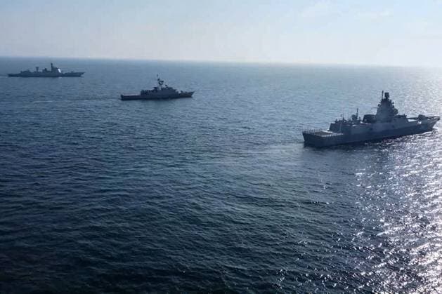 MARCH 18, 2023: Seen in this video screen grab are ships during a joint naval drill in the Gulf of Oman. Naval forces of China, Russia, Iran and some other countries are taking part in the Security Bond 2023 joint naval exercise in the Gulf of Oman from 15 to 19 March 2023. Video grab. Best possible quality. Northern Fleet Press Service TASS  57934408