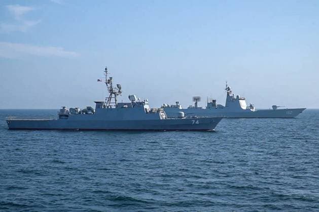 MARCH 18, 2023: Seen in this video screen grab are warships during a joint naval drill in the Gulf of Oman. Naval forces of China, Russia, Iran and some other countries are taking part in the Security Bond 2023 joint naval exercise in the Gulf of Oman from 15 to 19 March 2023. Video grab. Best possible quality. Northern Fleet Press Service TASS  57934421
