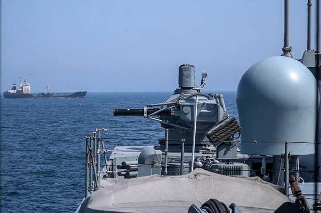 MARCH 18, 2023: Seen in this video screen grab are warships during a joint naval drill in the Gulf of Oman. Naval forces of China, Russia, Iran and some other countries are taking part in the Security Bond 2023 joint naval exercise in the Gulf of Oman from 15 to 19 March 2023. Video grab. Best possible quality. Northern Fleet Press Service TASS  57934447