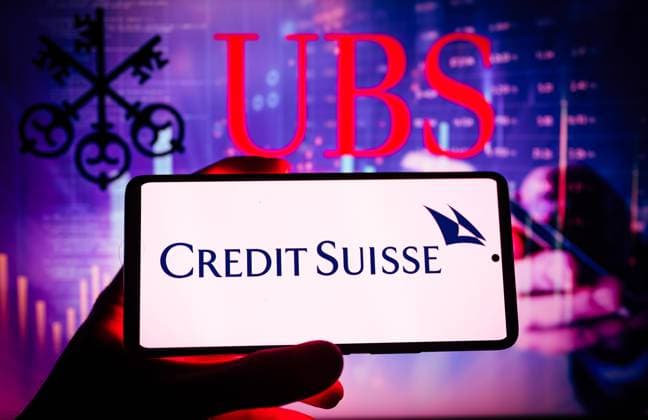 Credit Suisse - UBS Illustration Credit Suisse logo displayed on mobile with UBS seen in the background. On 19 March 2023 in Brussels, Belgium. (Photo illustration by Jonathan Raa NurPhoto) Brussels Belgium  Copyright: xJonathanxRaax originalFilename: raa-creditsu230319_np1Kd.jpg