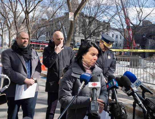 March 20, 2023, Montreal, PQ, Canada: Montreal Mayor Valerie Plante speaks to the media Monday, March 20, 2023 at the scene of last weeköÄÃ s fire that left one person dead and six people missing in Montreal. Montreal Canada  - ZUMAc35_ 20230320_zaf_c35_007 Copyright: xRyanxRemiorzx