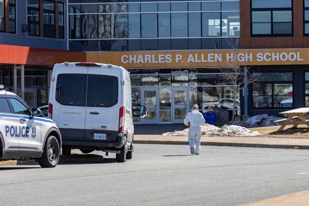 February 27, 2023, Halifax, NS, Canada: Forensics on the scene at Charles P. Allen High School in Halifax, Monday, March 20, 2023. Halifax police have arrested a student after three people were stabbed at a high school this morning. Halifax Canada  - ZUMAc35_ 20230227_zaf_c35_050 Copyright: xRileyxSmithx