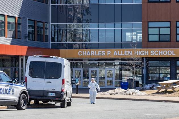 February 27, 2023, Halifax, NS, Canada: Forensics on the scene at Charles P. Allen High School in Halifax, Monday, March 20, 2023. Halifax police have arrested a student after three people were stabbed at a high school this morning. Halifax Canada  - ZUMAc35_ 20230227_zaf_c35_052 Copyright: xRileyxSmithx